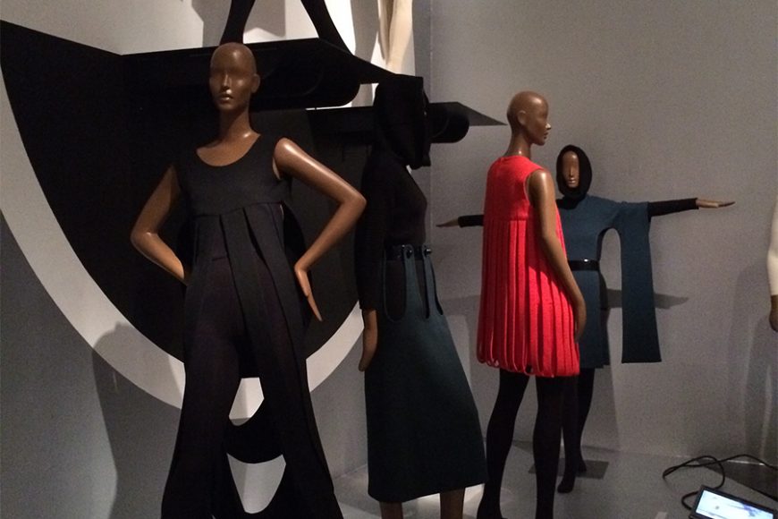 An installation view of “Pierre Cardin: Future Fashion” at the Brooklyn Museum, focusing on the icon’s “Kinetic” fashions. These were designed as moving objects that come to life through the movement of the wearer. Photograph by Mary Shustack.