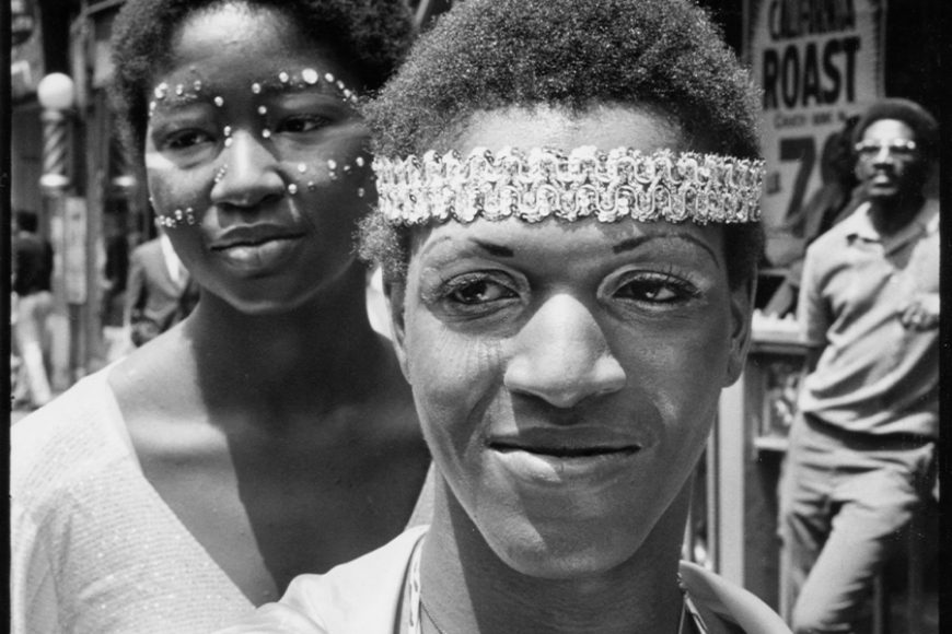 Marsha P. Johnson, right, and friend on Seventh Avenue South between Grove and Christopher streets during the second annual Stonewall anniversary march, June 27, 1971. Courtesy Fred W. McDarrah Archive/MUUS Asset Management Co LLC.