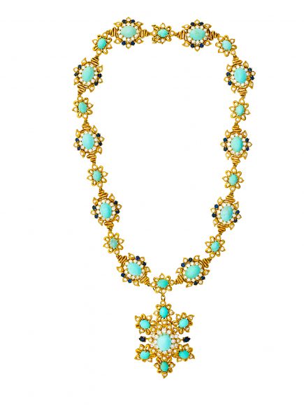 Turquoise, sapphire and diamond pendant, (circa 1980), sold for $18,750. Courtesy Rago Auctions.