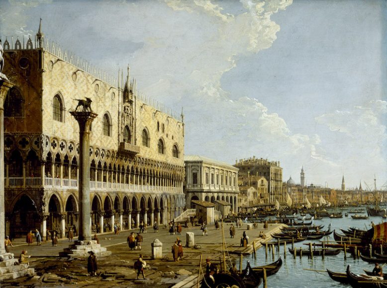 “Venice: A View of the Doge’s Palace and the Riva Degli Schiavoni from the Piazzetta” is one of two paintings on copper panels by 18th-century master Canaletto featured in “Treasures from Chatsworth: The Exhibition” at Sotheby’s in Manhattan. © Devonshire Collection. Reproduced by permission of Chatsworth Settlement Trustees.