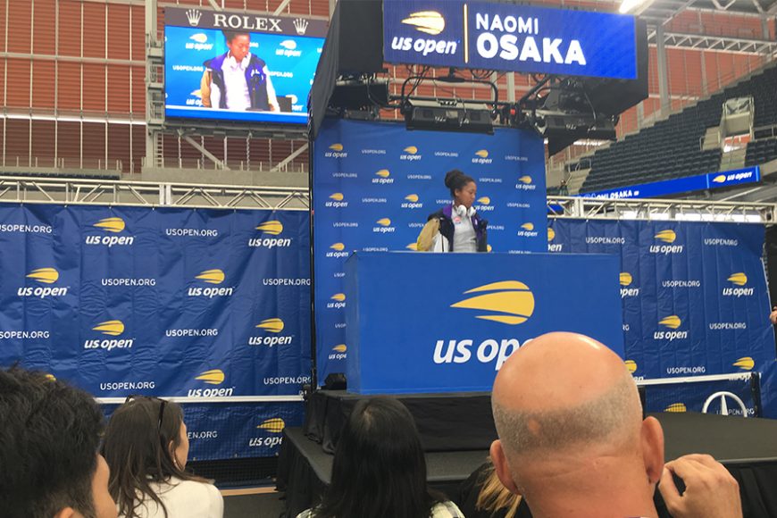Naomi Osaka, last year’s women’s singles champion at the US Open, gets set to answer questions.