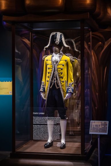 Period clothing such as this state livery, worn by the footman to the 8th Duke of Devonshire in about 1900, is featured in “Treasures from Chatsworth: The Exhibition” at Sotheby’s in Manhattan. Courtesy Sotheby’s/Photographer: Julian Cassady.
