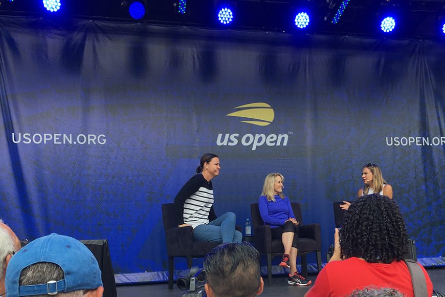 (From left), former world number ones Lindsay Davenport and Tracy Austin talk with The New York Times’ Karen Crouse on the main  stage of the USTA Billie Jean King National Tennis Center last Friday as part of Fan Week.