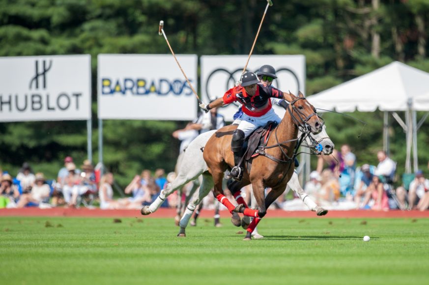 Postage Stamp Farm’s Brandon Phillips on the ball at Greenwich Polo Club, which hosts the East Coast Open Aug. 25, Sept. 1 and Sept. 8. Courtesy Greenwich Polo Club.