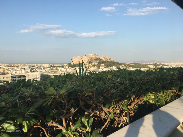 One of my favorite pastimes – visiting Greece. Here the Parthenon atop the Acropolis, as seen from the Hotel Grande Bretagne, Athens, and the Thermaic Gulf, seen from the Electra Palace Hotel in Thessaloniki. Photographs by Georgette Gouveia.