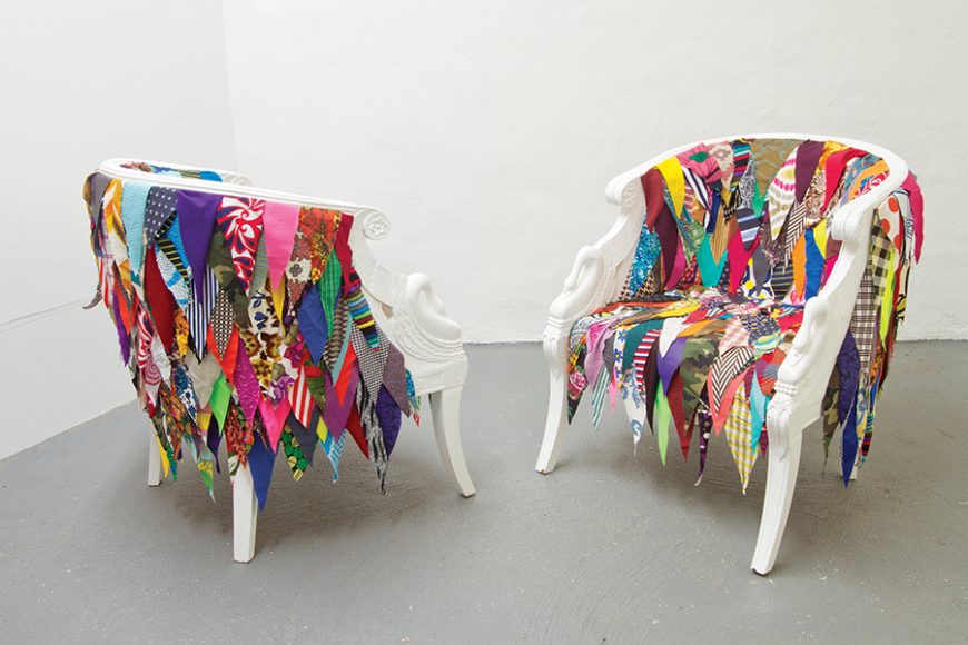 “PRISM/LIVIN/ROOM Chairs” (2013) by Amanda Browder. Recycled fabric and found chairs. Photograph by David B. Smith.