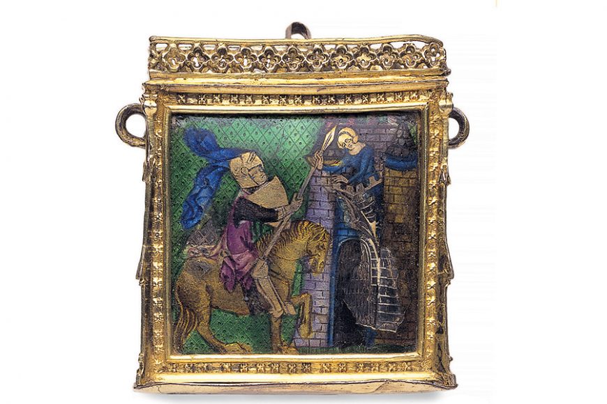 Case for a small book or relic (height 5.6 cm/2.2 in). The enameled scene shows a knight giving his spear to a lady leaning from castle battlements, probably a scene from the “Romance of Sir Enyas and the Wodewose (wild man).” England or France, mid-1300s. © Victoria and Albert Museum, London. Courtesy Thames & Hudson.