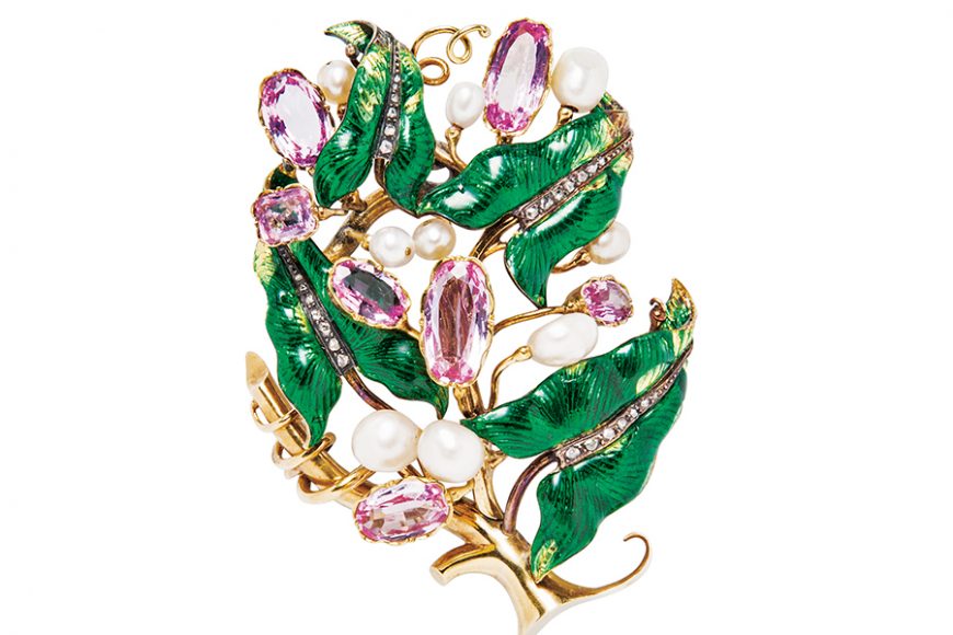 Art Deco Platinum, Diamond, Emerald and Enamel Brooch, Charlton & Co. Sold at Skinner Inc. for $27,060.