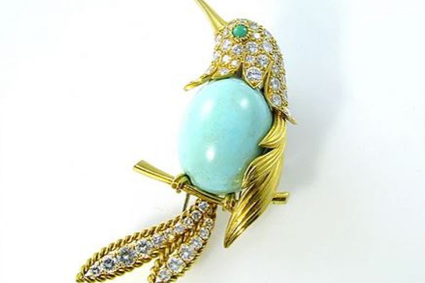 A Van Cleef & Arpels turquoise, gold and diamond bird brooch (circa 1964). Courtesy Camilla Dietz Bergeron Ltd.