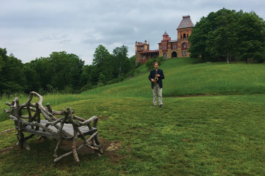Christopher Brellochs and his saxophone at Olana State Historic Site in Hudson. Photograph by 
Wade Nobile.