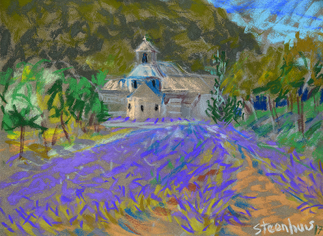 “Abbaye de Sénanque,” pastel, Jill Steenhuis. Courtesy Silvermine School of Art.