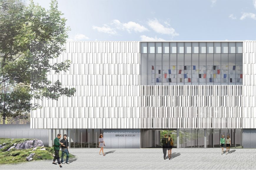 Exterior drawing of the new addition to the Bruce Museum in Greenwich, which will house art galleries, a café, a lecture hall and the Museum Store. Courtesy the Bruce Museum.