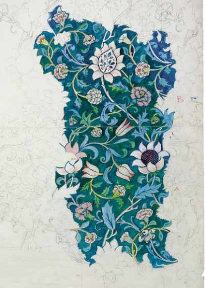 Design for “Evenlode,” by William Morris, Designed March 1883, Design registered September 2, 1883. Black Chalk and watercolor, Victoria and Albert Museum, London (V&A: E.543-1939). © Victoria and Albert Museum, London.
