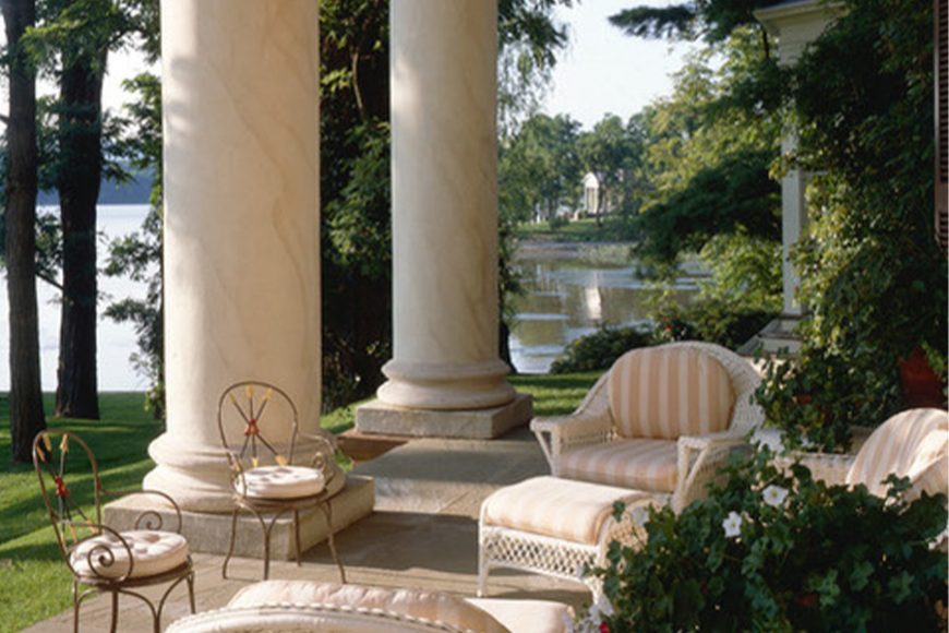 Front portico of Edgewater (ca. 1825), overlooking the Hudson River near Barrytown in Dutchess County. Courtesy of Classical American Homes Preservation Trust.