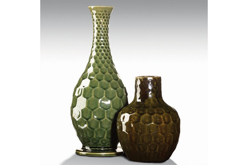 Honeycomb pattern vases, based on Japanese metalwork technique, Chelsea Keramic Art Works, sold for $250. Photograph courtesy Rago Auctions.