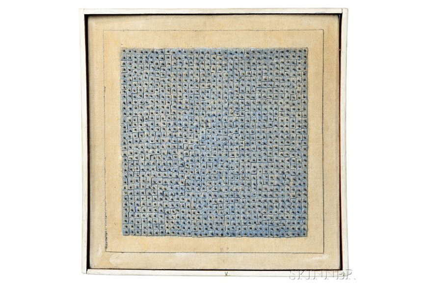 Agnes Martin’s “Blue Flower,” 1962, oil, glue, nails, and canvas collage on canvas stretched over panel. Sold at Skinner, Inc. for $1,539,000.