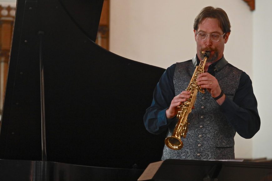 Saxophonist Christopher Brellochs, in performance in Beacon. Photograph © Russ Corsair.