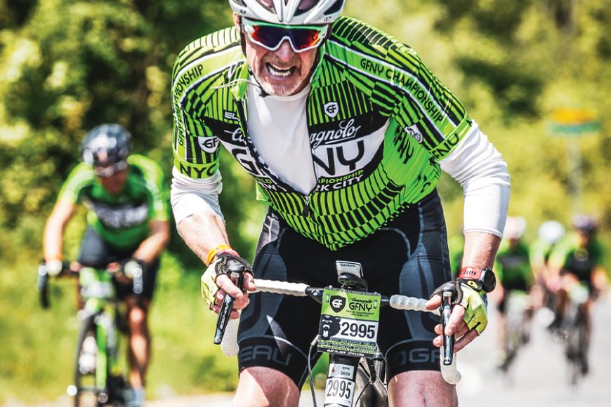 Ken Harris at the recent GFNY (Gran Fondo New York) Championship, a 100-mile endurance race from the city to Bear Mountain. Courtesy Ken Harris.