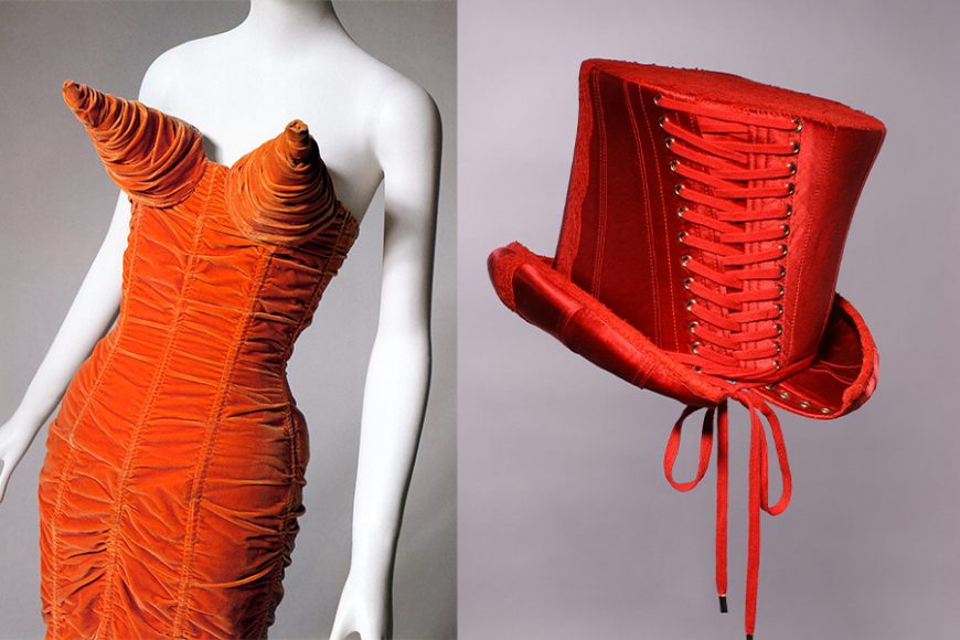 Left: Jean Paul Gaultier, dress, fall 1984, France. The Museum at FIT, P92.8.1. © The Museum at FIT. Right: Christian Dior (Stephen Jones), top hat, fall 2000, France. The Museum at FIT, 2003.70.1. © The Museum at FIT.