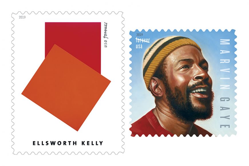 The 2019 U.S. Postal Service commemorative stamps include philatelic tributes to artist Ellsworth Kelly, singer Marvin Gaye, the 50th anniversary of Woodstock and the 150th anniversary of the Transcontinental Railroad.  Photographs © U.S. Postal Service and reprinted with permission.