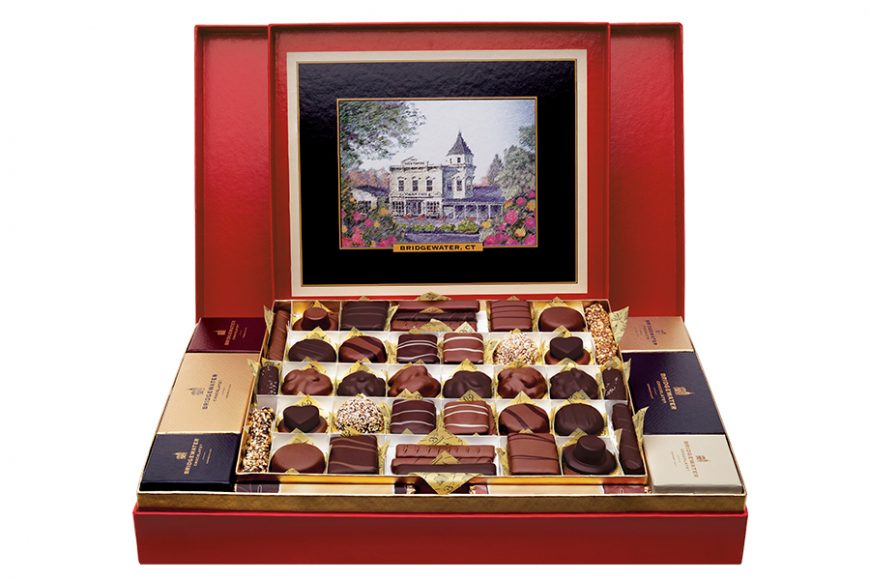 A nod to its history, the Bridgewater Chocolate logo, depicted above on a Bridgewater assortment box, features the Bridgewater Village Store, where it all began in a back kitchen. Images courtesy Bridgewater Chocolate.