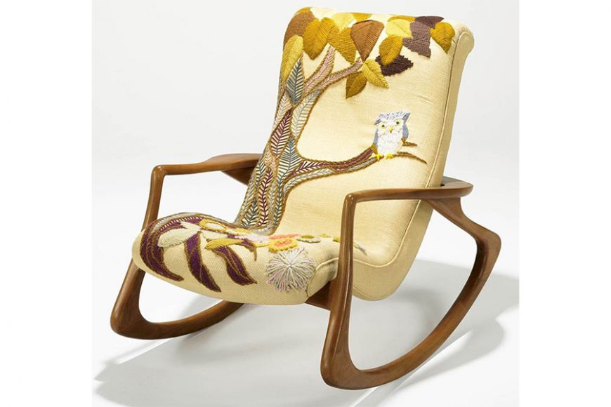 Sculpted rocking chair with crewelwork upholstery by Vladimir Kagen’s wife, designer Erica Wilson (1953-2005). Sold for $12,400. Courtesy Rago Auctions.