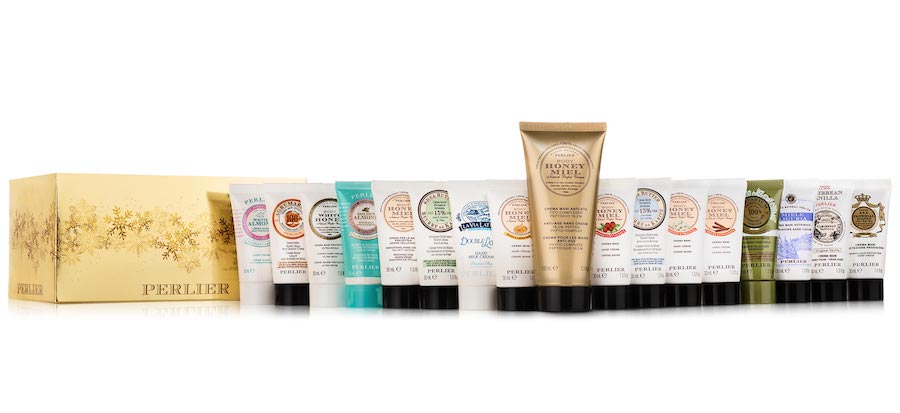 Perlier’s 17 Piece Hand Cream Set includes 16 travel hand creams and one full size Honey Miel Anti-Aging Hand Cream.