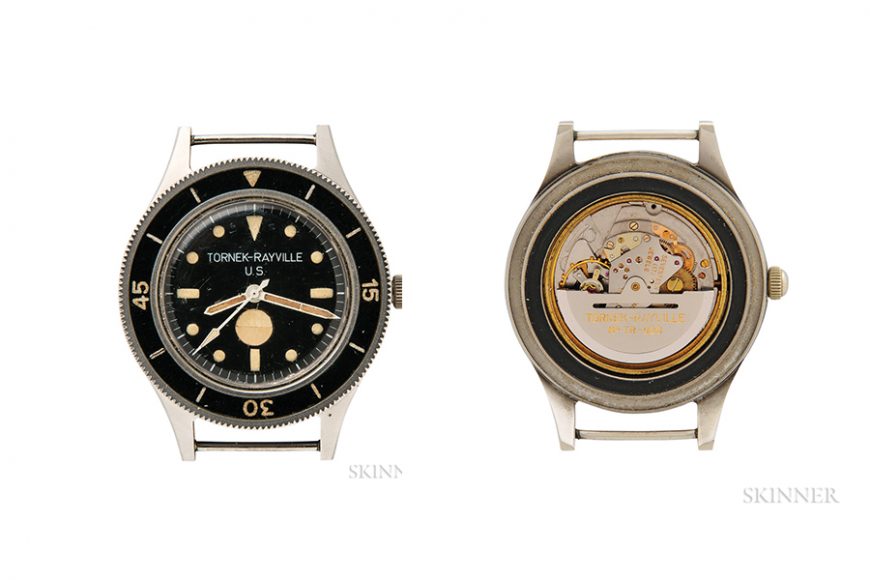 The Tornek-Rayville TR-900 Dive Wristwatch (circa 1965), valued at $30,000 – $50,000, sold for $123,000 at Skinner Inc.