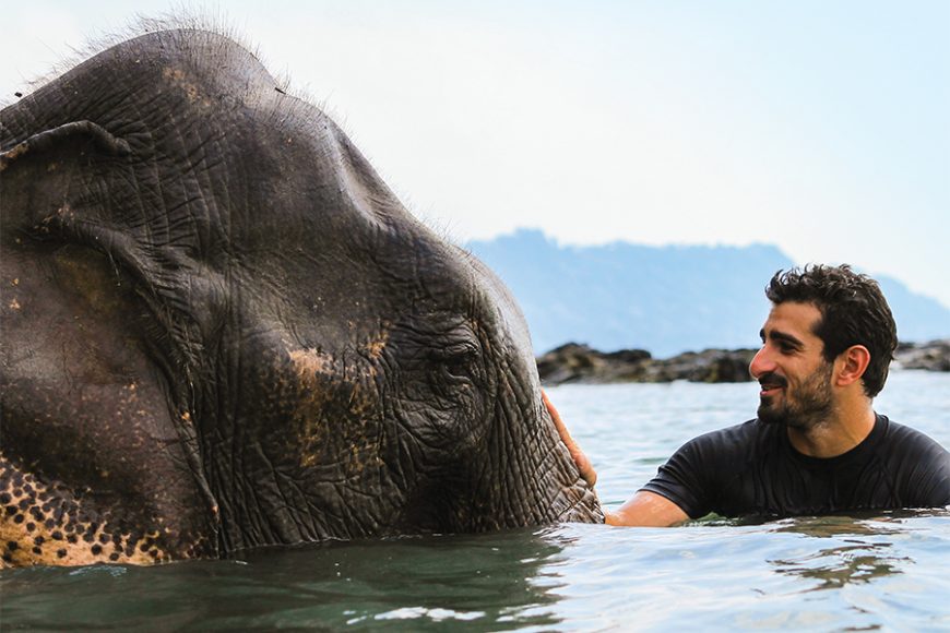 Paul Rosolie with an elephant in Peru. Photograph by Gowri Varanashi.