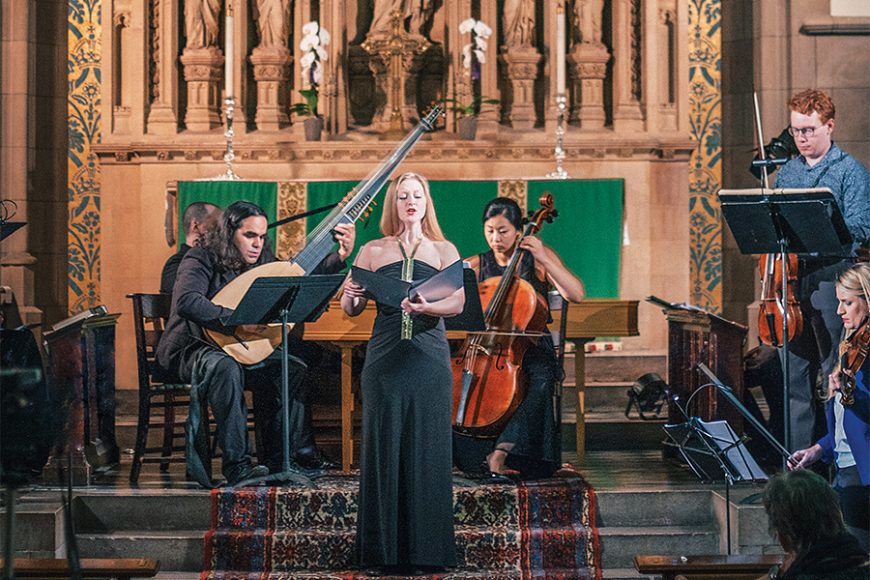Sarah Hawkey sings the part of Vagao in Domenico Freschi’s oratorio “Giuditta” at Good Shepherd Episcopal Church in Manhattan. Photographs
courtesy Academy of Sacred Drama.
