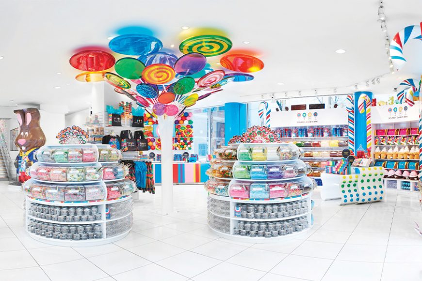 The bold and colorful interiors of Dylan’s Candy Bar. Courtesy Dylan’s Candy Bar. 