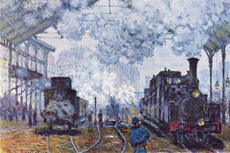 In Claude Monet’s “Gare Saint-Lazare” (1877), oil on canvas, plumes of smoke veil Paris in a whirl of black and white. Fogg Museum.