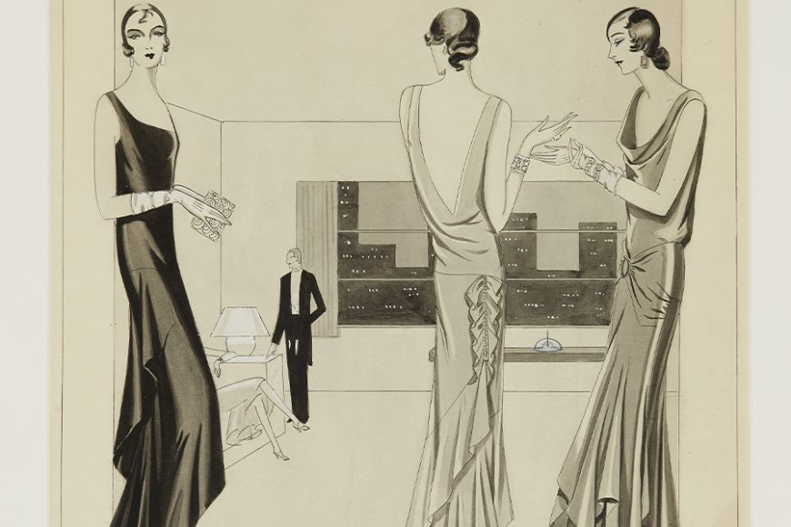 Maud DeForest Bogart’s “Three Figures in Evening Gowns” (1929), wash and inks on paper.