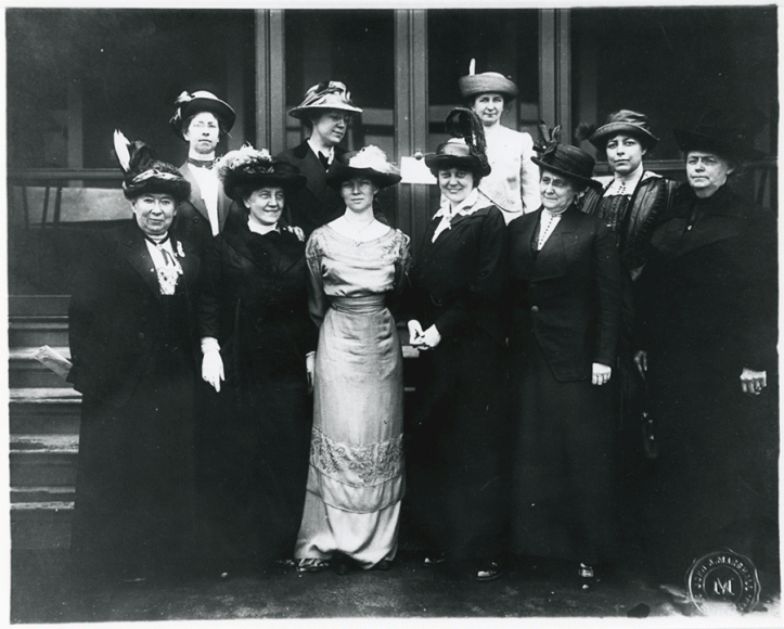 Caroline Ruutz-Rees, headmistress of Greenwich's Rosemary Hall, served on the executive board of the Connecticut Woman's Suffrage Association.  Photograph of executive board members, RG 101, Connecticut Woman Suffrage Association, 1869-1921, State Archives, Connecticut State Library.