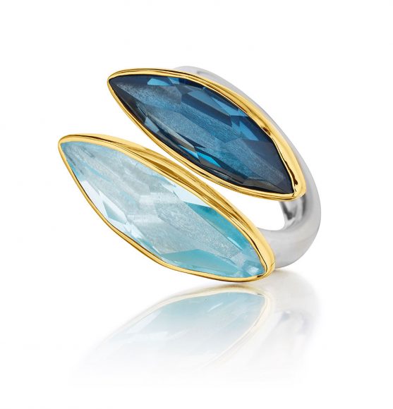 Margoni Collection, modern ring, custom-cut aqua blue topaz, framed in 18K gold, sterling silver band. Courtesy Katonah Museum of Art.