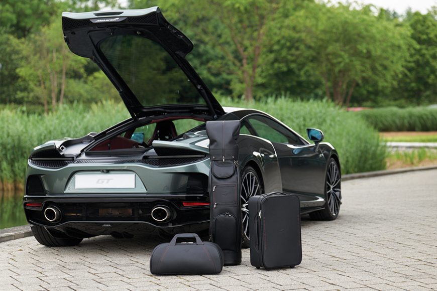 A customized set of luggage alongside a special McLaren GT by MSO was displayed on the Concept Car Lawn at the Pebble Beach Concours d’Elegance during the summer. The luggage was designed by McLaren Special Operations. Courtesy McLaren.