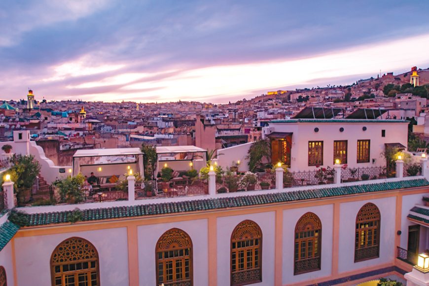 Sunset over Palais Amani, Fez. Courtesy Palais Amani. Casablanca view. Courtesy Jeremy Wayne.
