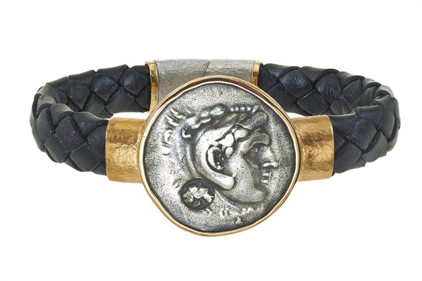 A big fan of Alexander the Great, Jorge Adeler designed this yellow gold and leather men’s bracelet using a coin of the Greco-Macedonian conqueror exclusively for Neiman Marcus’ 2019 “Christmas Book,” $7,960. Courtesy Neiman Marcus.