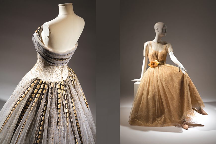 From left: Pierre Balmain, painted white tulle debutante gown with painted velvet “feathers”, spring 1960. Lent by Hamish Bowles ©The Museum at FIT; Carolyne Roehm, gold metallic tulle and gold and pink lace evening dress and shoes, 1990. The Museum at FIT, Gift of Carolyne Roehm. ©The Museum at FIT.