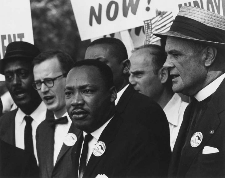 Martin Luther King Jr. (center) at the historic March on Washington for Jobs and Freedom, Aug. 28, 1963. Photograph by Rowland Scherman (restored by Adam Cuerden). Courtesy the National Archives and Records Administration.