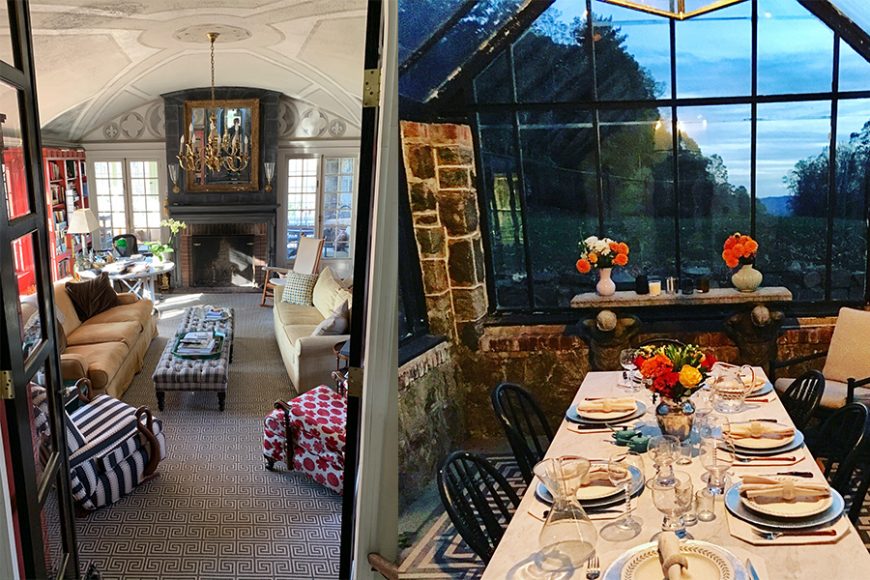 Left: Patterned fabrics and a Greek key carpet make 
Congressman Sean Maloney’s home office feel cozier. Right: The greenhouse located off the butler pantry is frequently used as a more informal dining location and takes advantage of the 10-mile Hudson River views. 
