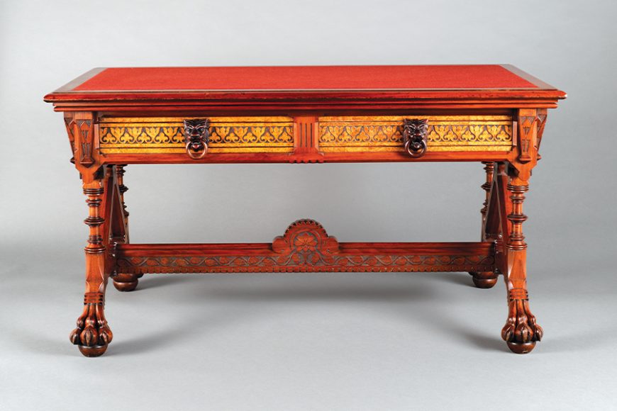 Library table by Daniel Pabst (circa 1870-75), walnut, burled maple, casters, original and later felt.