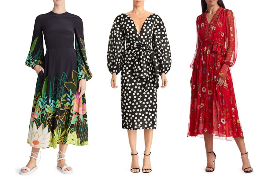 Left: Valentino’s Panther Jungle-Print Silk Flare Dress. Middle: Carolina Herrera’s Polka Dot Dress. Right: Oscar de la Renta’s Floral Chiffon Midi Dress. Images courtesy Saks.