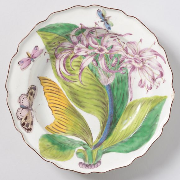 Plate (circa 1753-56), made by Chelsea Porcelain Manufactory, porcelain with overglaze enameling. Cooper Hewitt, Smithsonian Design Museum. Photograph by Matt Flynn © Smithsonian Institution.