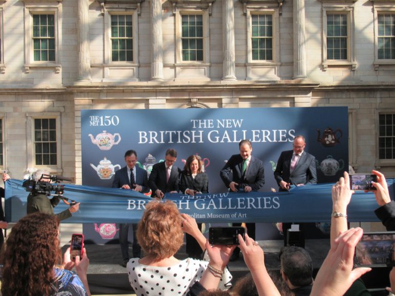 A ceremonial ribbon cutting was held Feb. 24 for The New British Galleries at The Metropolitan Museum of Art in Manhattan. Pictured, from left, are The Met’s Daniel H. Weiss, president and CEO; Wolf Burchard, associate curator, Department of European Sculpture and Decorative Arts; Sarah E. Lawrence, Iris and B. Gerald Cantor Curator in Charge, Department of European Sculpture and Decorative Arts; and Max Hollein, director, joined by Antony Phillipson, Her Majesty’s Trade Commissioner for North America and Consul General in New York. Photograph by Mary Shustack.