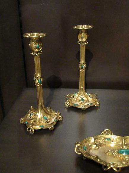 Detail of a 19th-century Asprey & Company desk set featuring gilded bronze and malachite. The complete set was exhibited by Asprey & Company at the 1851 Great Exhibition of the Works of Industry of All Nations in London. Photograph by Mary Shustack.