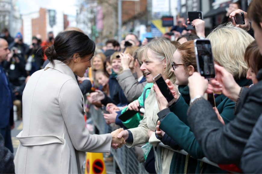 Meghan, Duchess of Sussex, greets residents of Belfast, Northern Ireland, on March 23, 2018. Courtesy Northern Ireland Office.