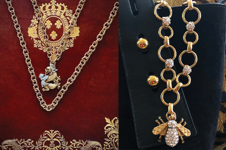 Left: Gold Mix Textured Chain and Gold Dragon Pin. Right: Crystal Bee Necklace.