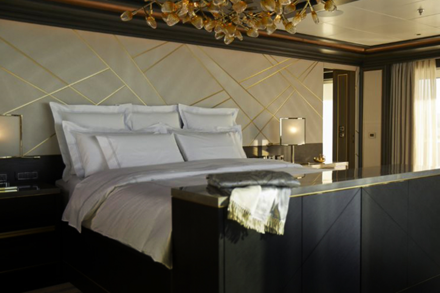 The stunning Regent Suite on Regent Seven Seas Splendor features a $200,000 Hastens Vividus bed for the ultimate snooze. It’s the Rolls-Royce of rest.  Photograph by Christina Moschetti.