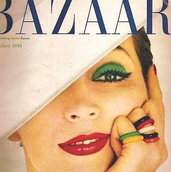 Model Dovima, photographed by Richard Avedon for the October 1955 cover of Harper's Bazaar, with a classic 1950s cat’s eye, complete with bright green eye shadow.